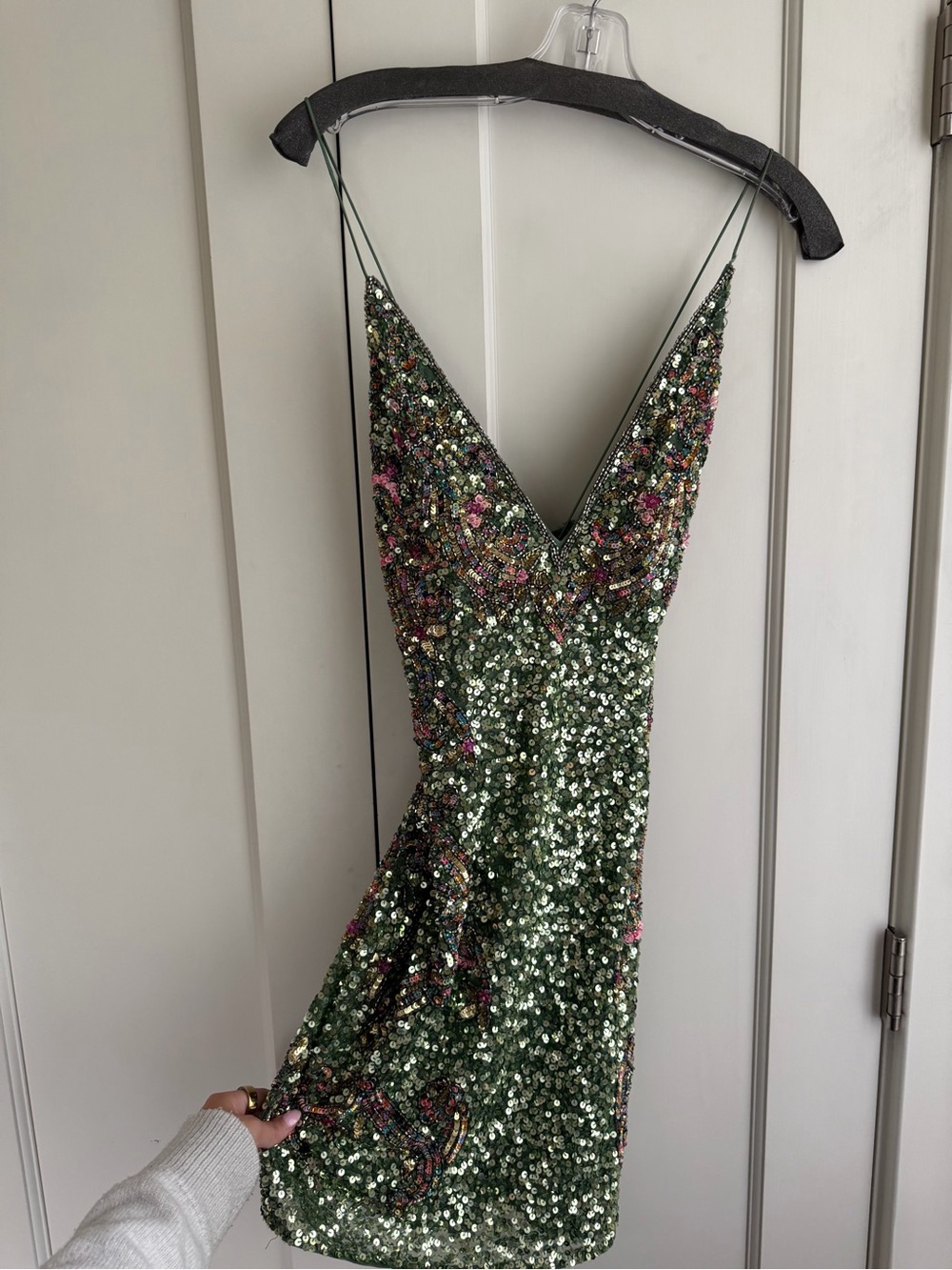 Primavera - Olive Green Sequin V-Neck Spaghetti Strap Prom Dress
